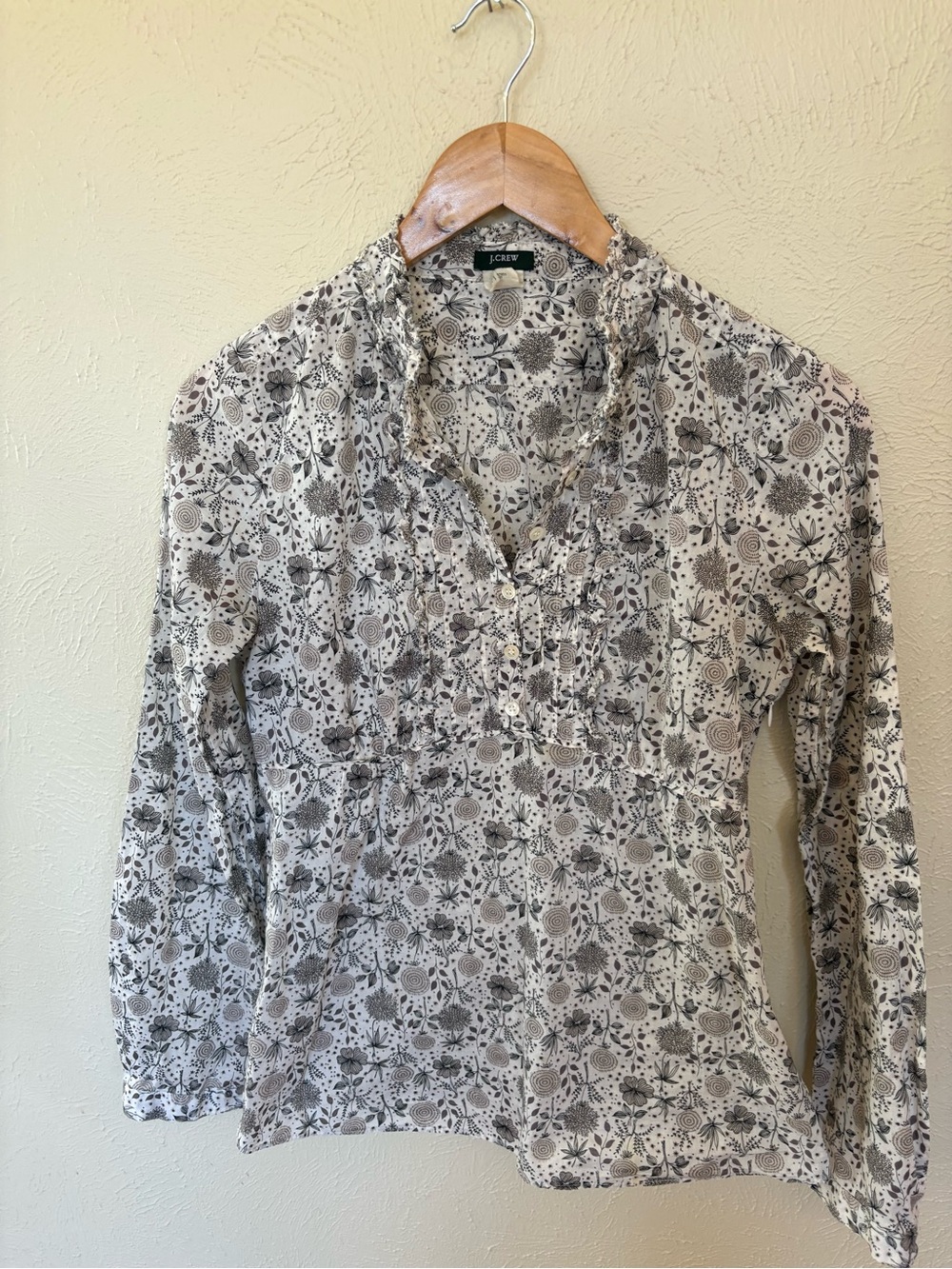 J. Crew Cream Blouse with Black and Gray Floral Print